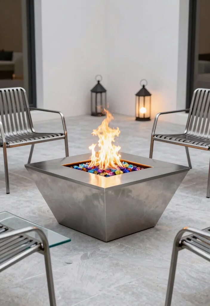 12 Outside Fireplace Ideas for Cozy Outdoor Living 5. Sleek Stainless Steel Fire Pit 0