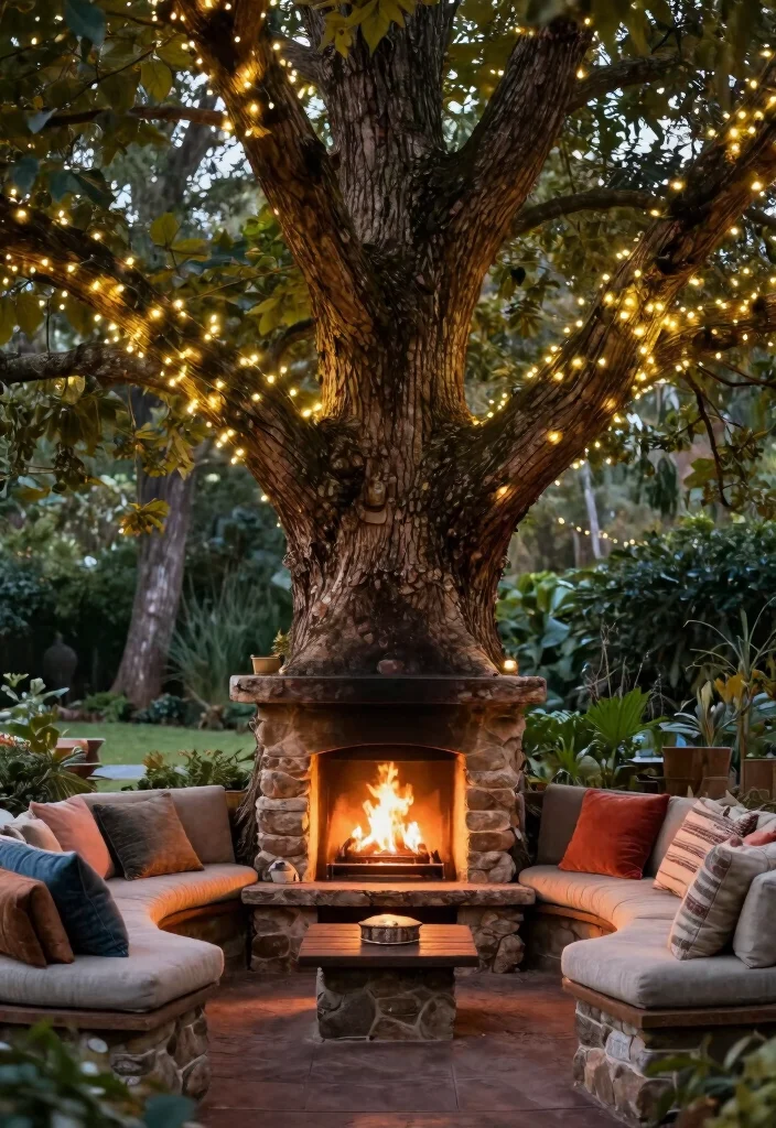 12 Outside Fireplace Ideas for Cozy Outdoor Living 8. Tree Integrated Fireplace 0