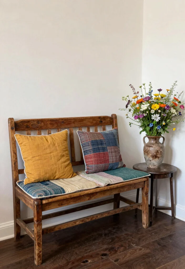 12 Outside Front Door Entryway Ideas with Curb Appeal 5. Upcycled Furniture as Decor 0