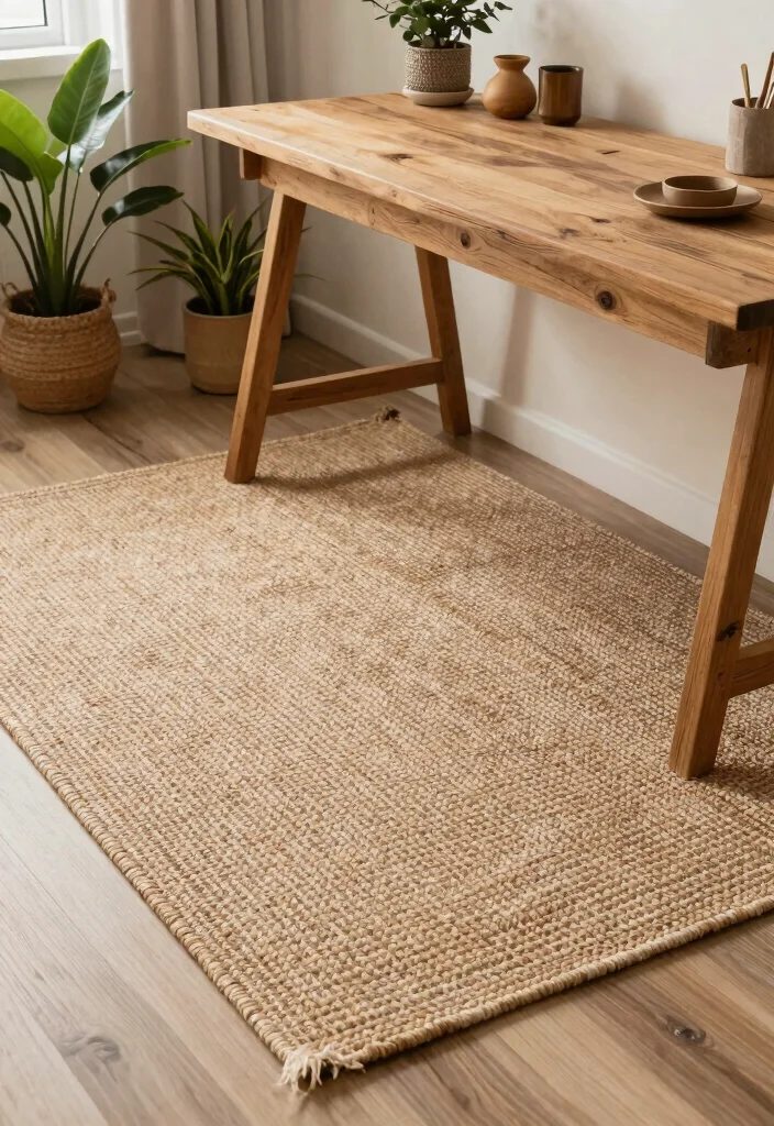12 Rustic Home Office Ideas with Warm Natural Texture 3. Add Natural Fiber Rugs 0
