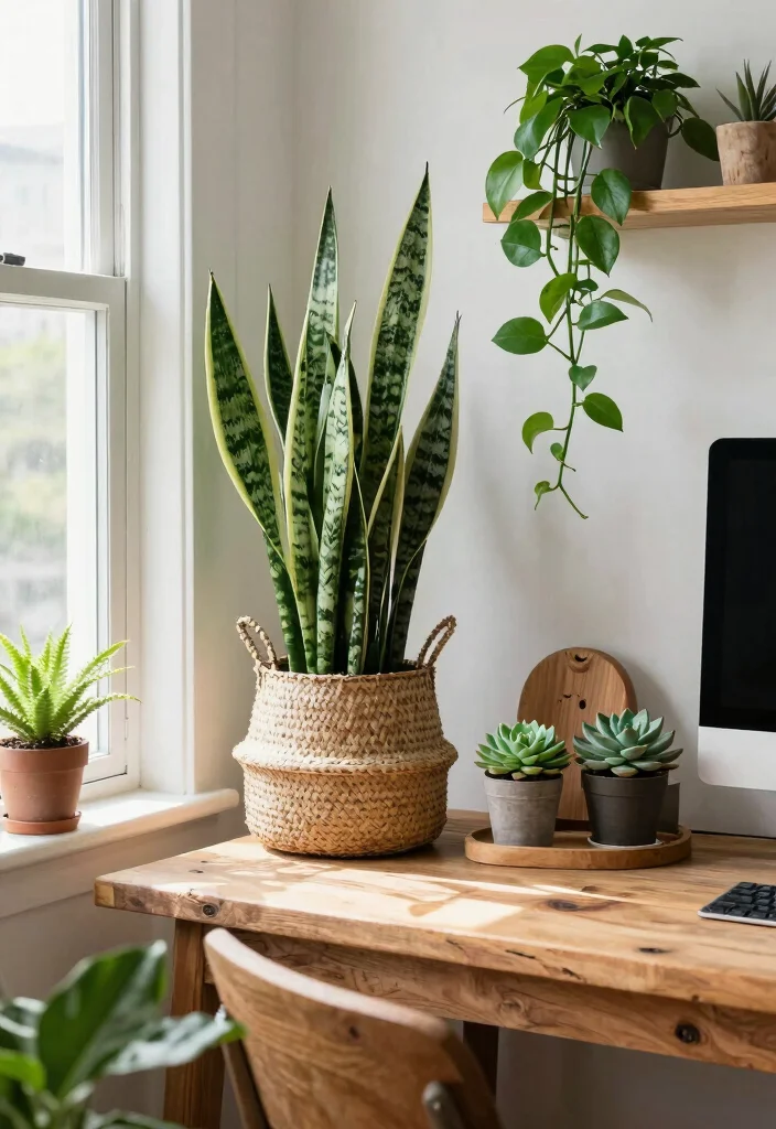 12 Rustic Home Office Ideas with Warm Natural Texture 4. Incorporate Plants for Freshness 0