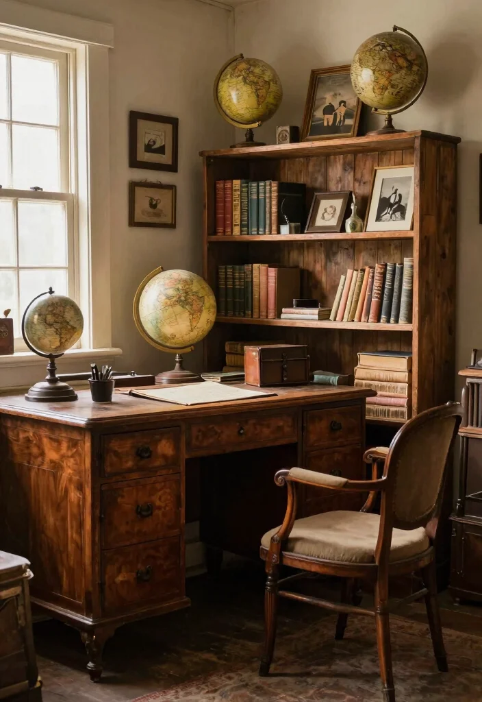 12 Rustic Home Office Ideas with Warm Natural Texture 5. Utilize Vintage Finds 0