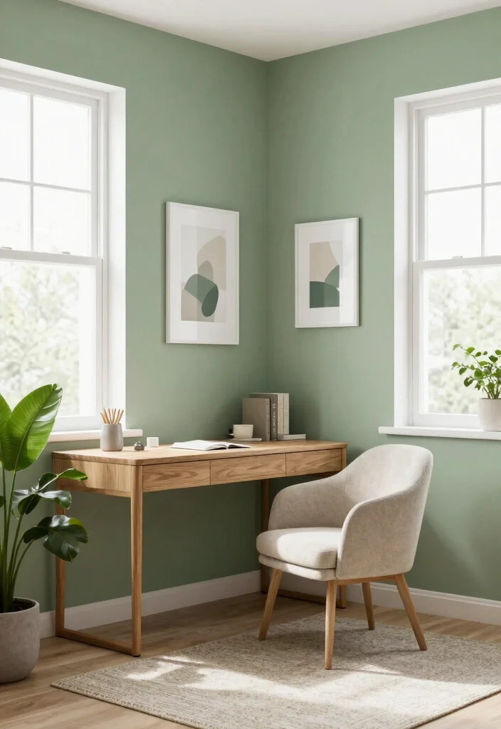12 Sage Green Office Ideas for Calm Focused Vibes 1. Soft Sage Walls 0