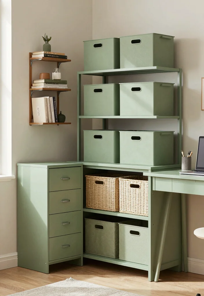 12 Sage Green Office Ideas for Calm Focused Vibes 12. Functional Storage Solutions 0