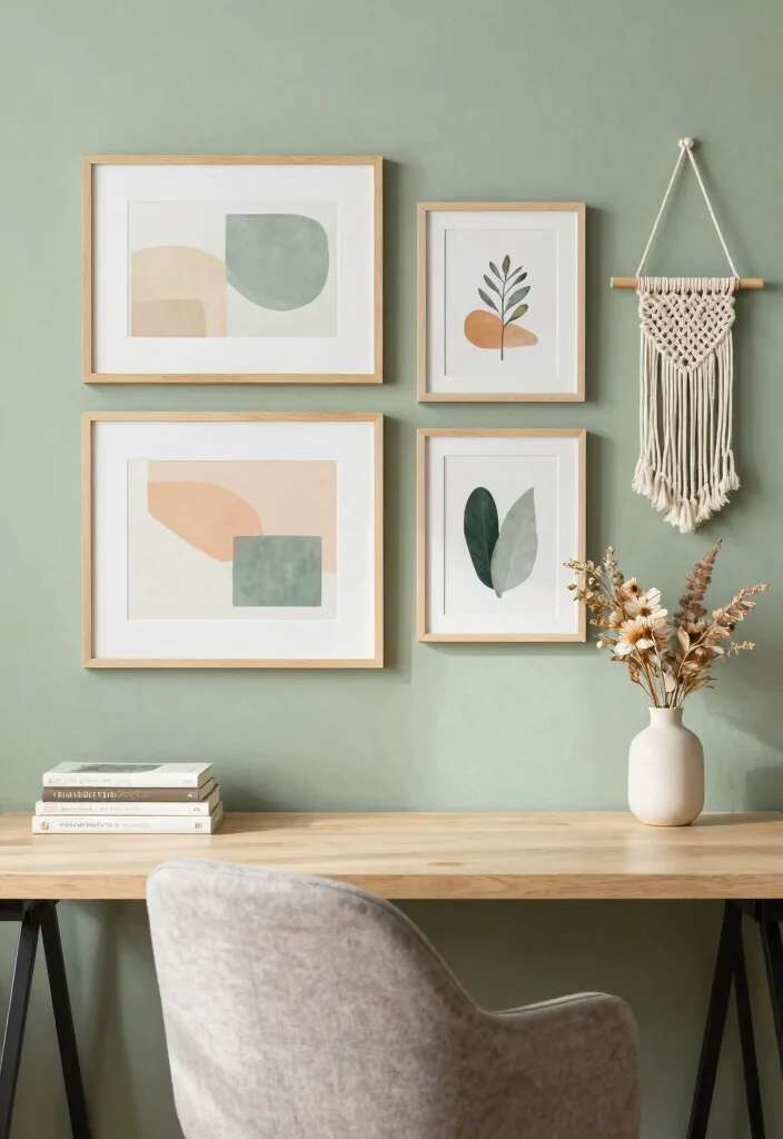 12 Sage Green Office Ideas for Calm Focused Vibes 3. Calming Art and Decor 0