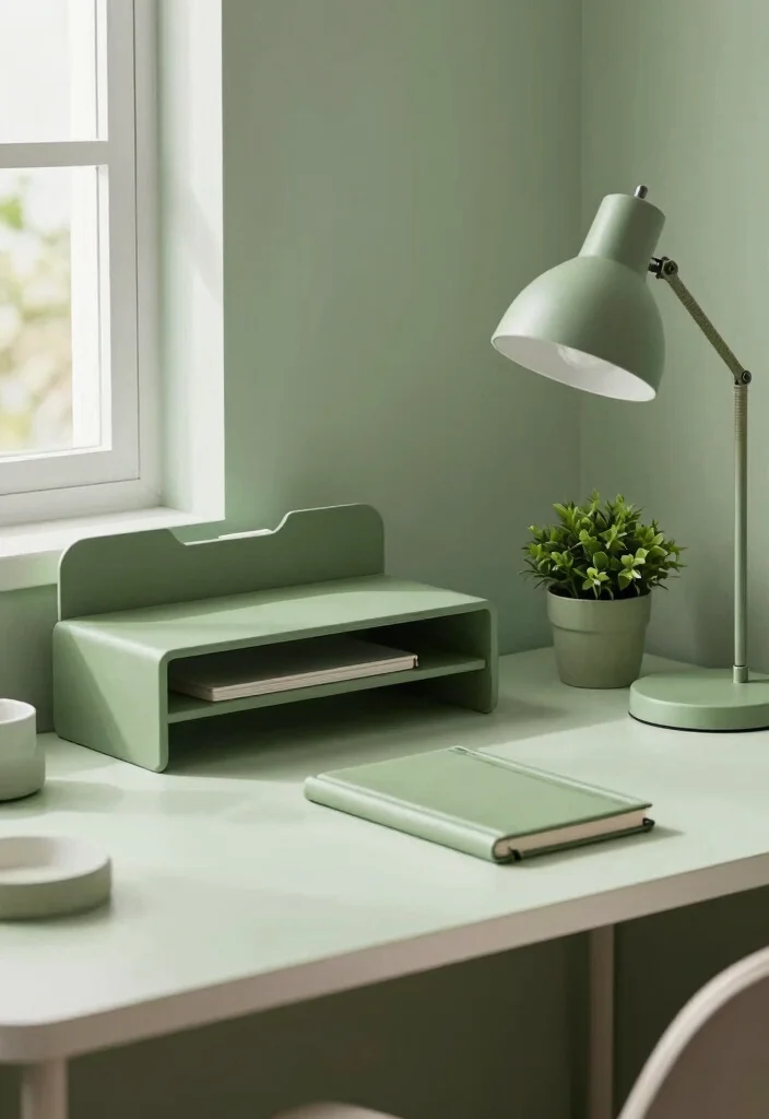 12 Sage Green Office Ideas for Calm Focused Vibes 4. Green Office Accessories 0