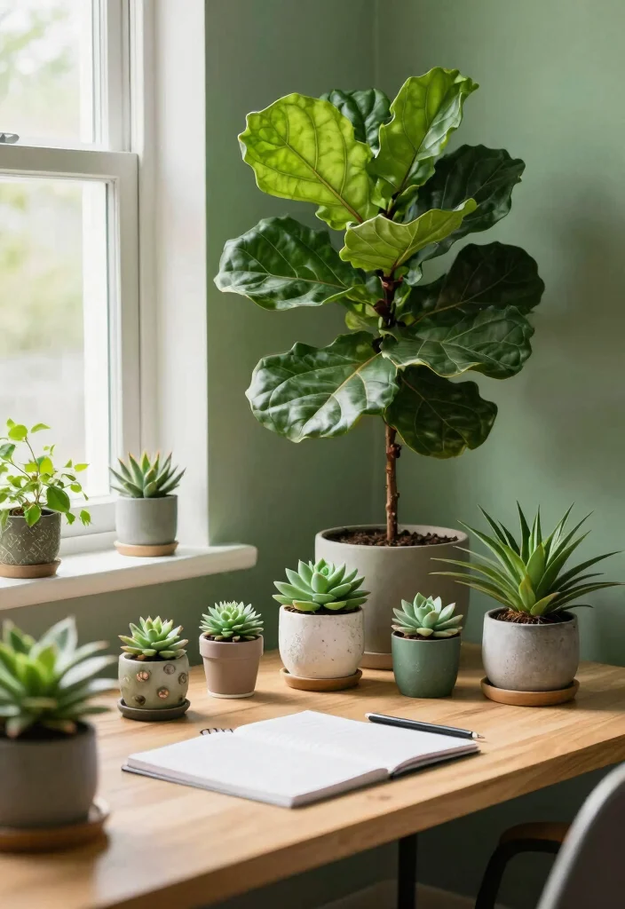 12 Sage Green Office Ideas for Calm Focused Vibes 6. Green Plants for Fresh Air 0