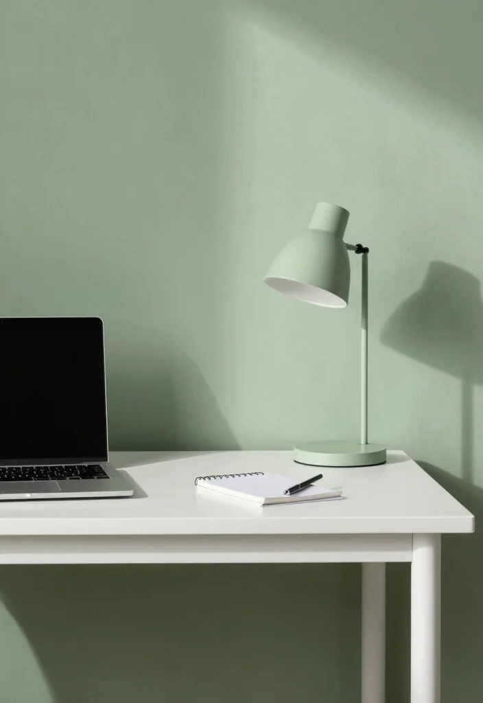 12 Sage Green Office Ideas for Calm Focused Vibes 7. Minimalistic Desk Setup 0