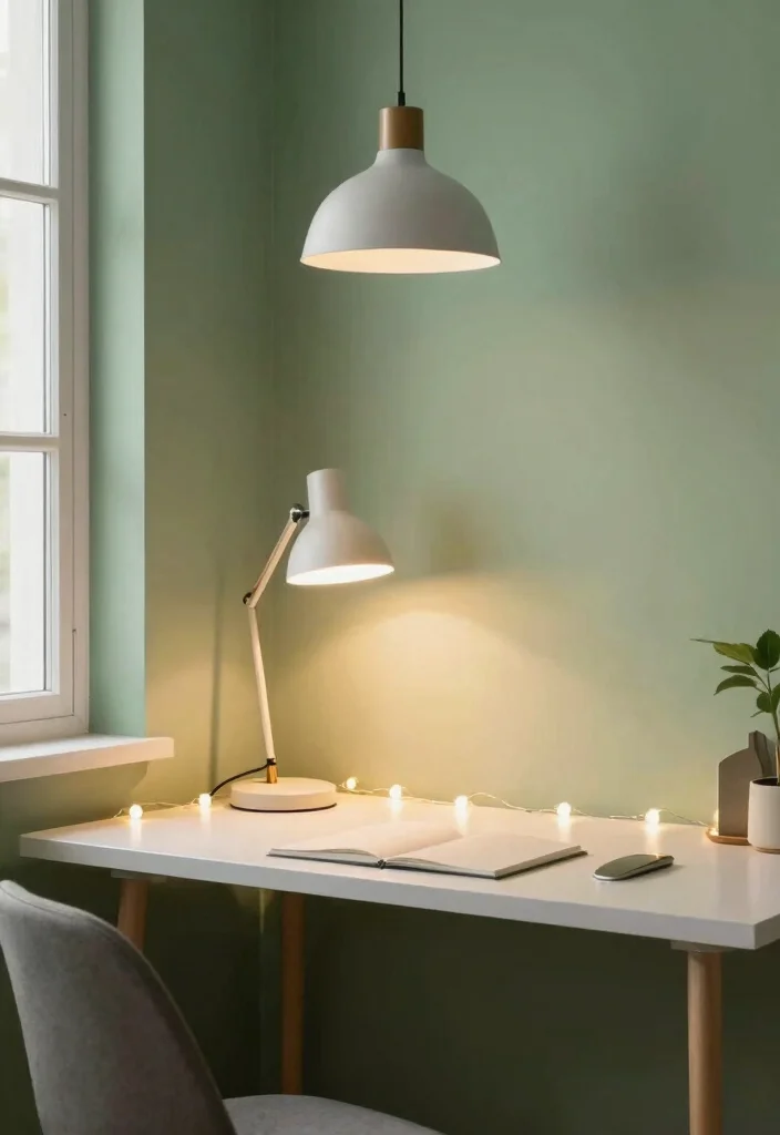 12 Sage Green Office Ideas for Calm Focused Vibes 8. Sage Green Lighting 0