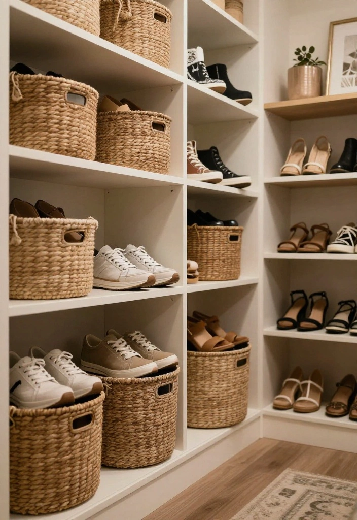 12 Shoes Closet Ideas to Keep Footwear Visible and Organized 10. Stylish Baskets 0