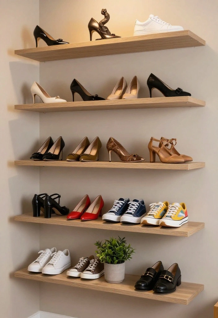 12 Shoes Closet Ideas to Keep Footwear Visible and Organized 2. Floating Shelves 0