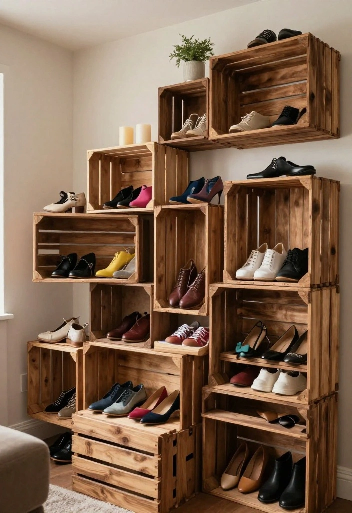 12 Shoes Closet Ideas to Keep Footwear Visible and Organized 4. Repurposed Crates 0