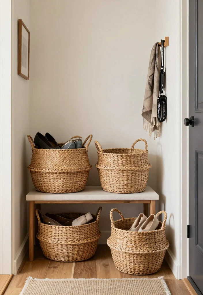 12 Small Apartment Entryway Ideas That Stay Organized 7. Decorative Baskets 0