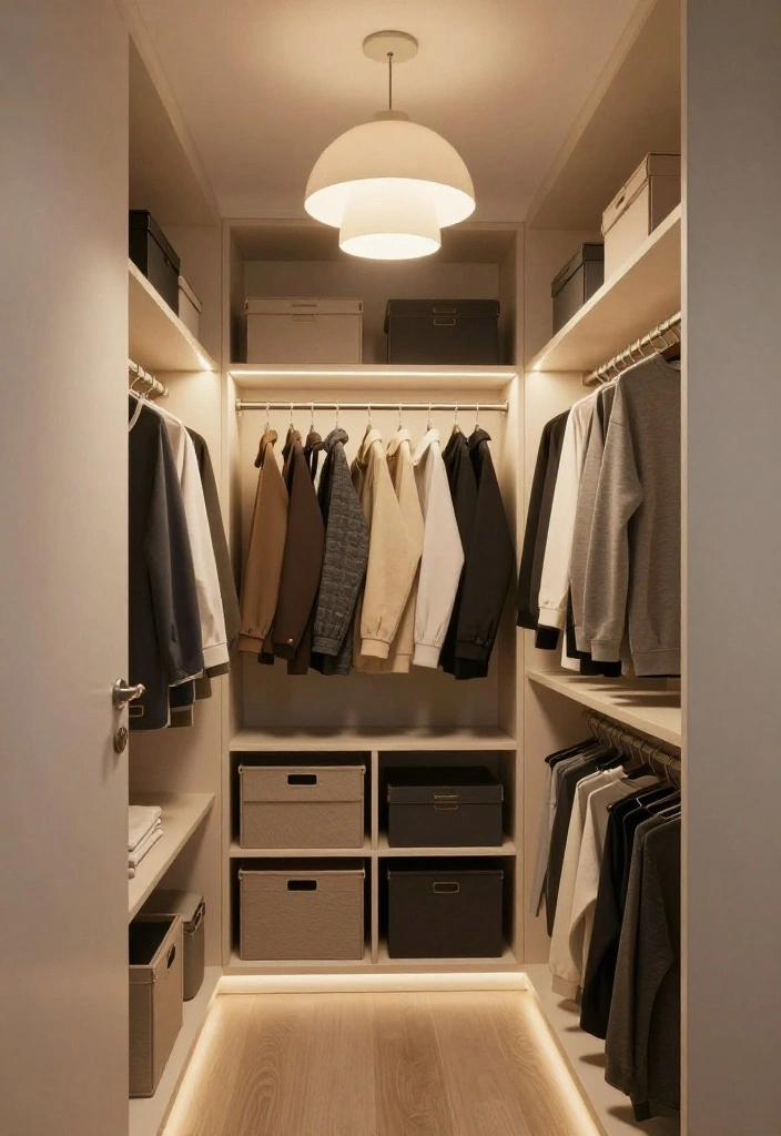 12 Small Closet Room Ideas That Feel Intentional and Well Planned 9. Layered Lighting for Brightness 0