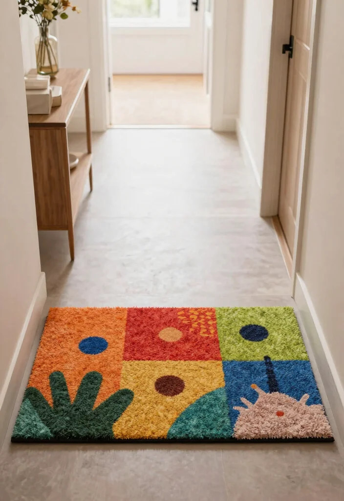 12 Small Foyer Ideas for Narrow Homes 11. Try a Colorful Door Mat 0