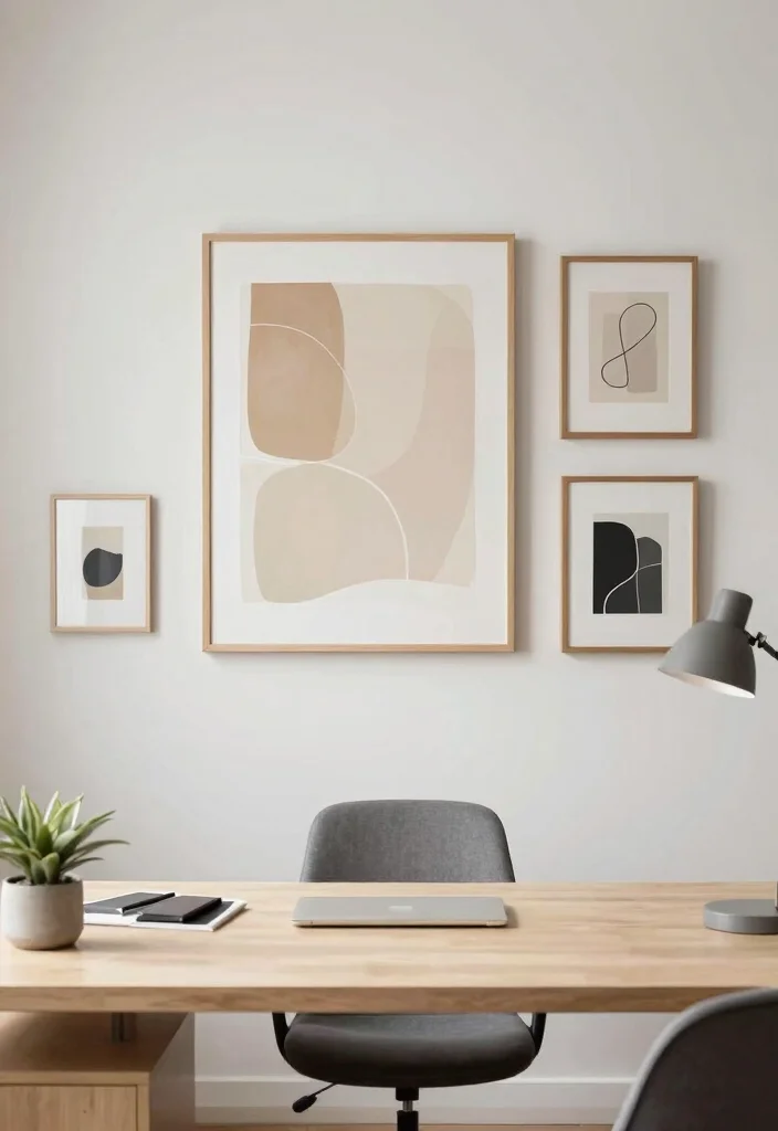 12 Small Home Office Ideas for Men with Clean Modern Style 10. Minimalist Artwork 0