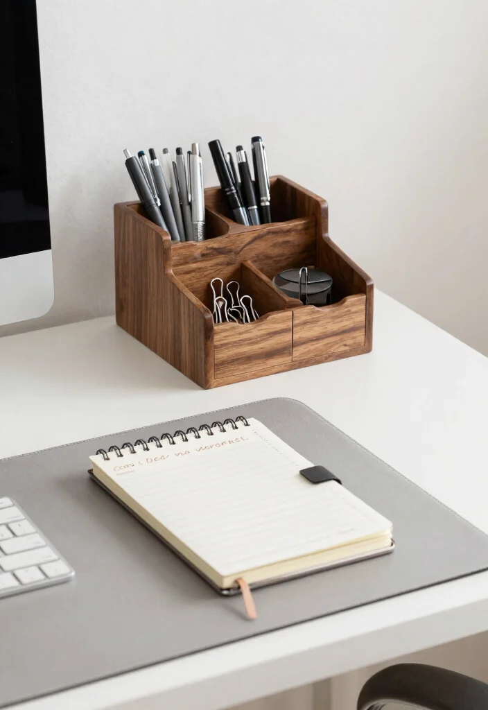 12 Small Home Office Ideas for Men with Clean Modern Style 11. Personalized Workspace Accessories 0