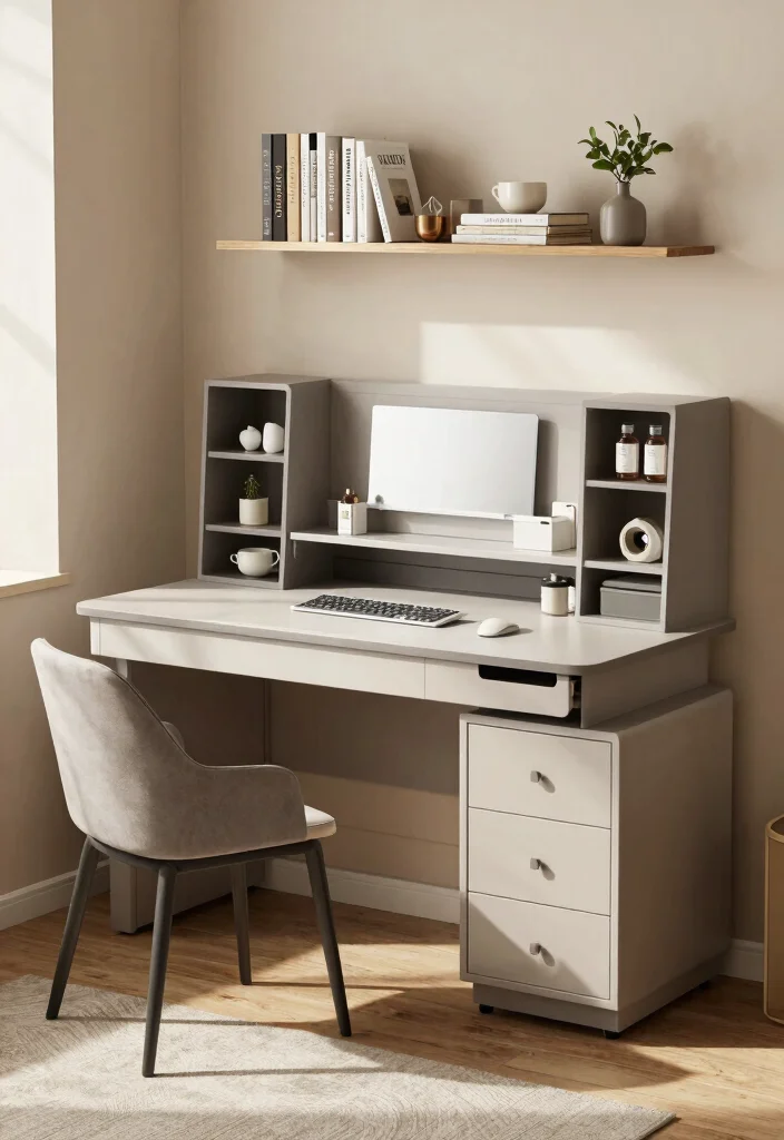 12 Small Office Ideas for Your Home Spare Room with Smart Layouts 3. Multifunctional Desk with Built in Storage 0