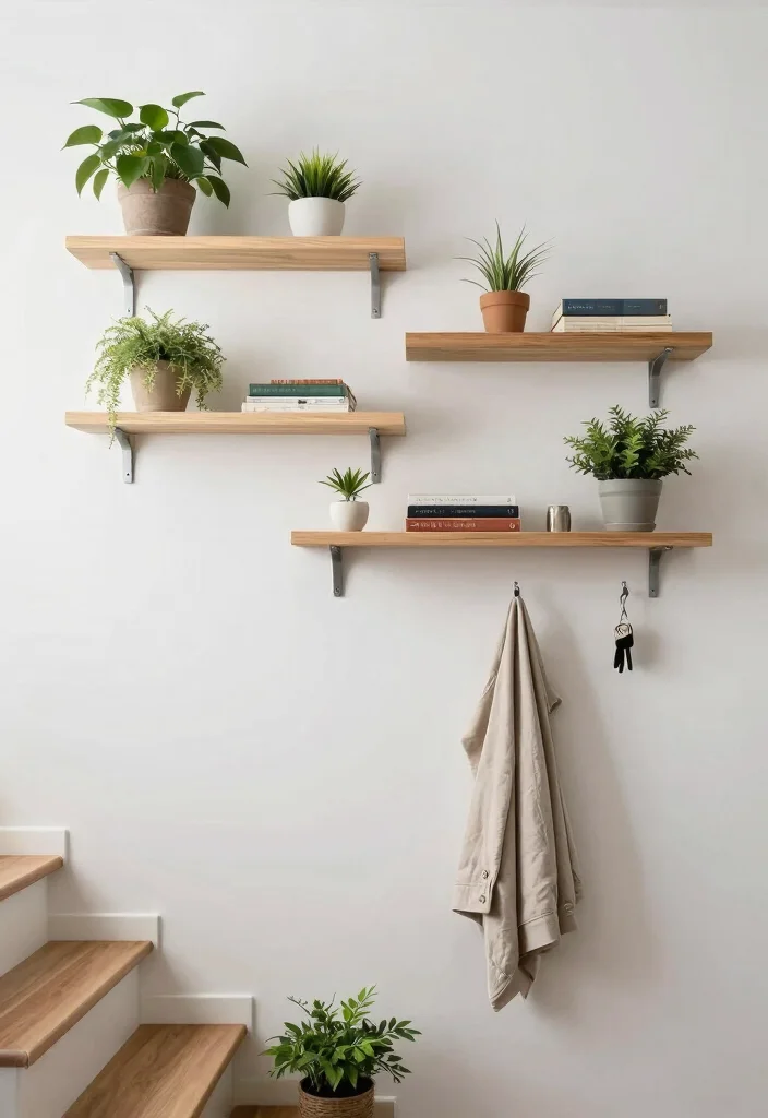 12 Stair Entryway Ideas That Make Use of Vertical Space 1. Floating Shelves for Stylish Storage 0