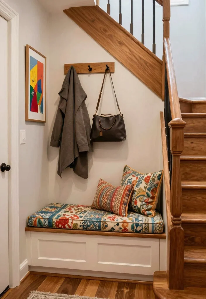 12 Stair Entryway Ideas That Make Use of Vertical Space 7. Built in Benches for Practical Seating 0