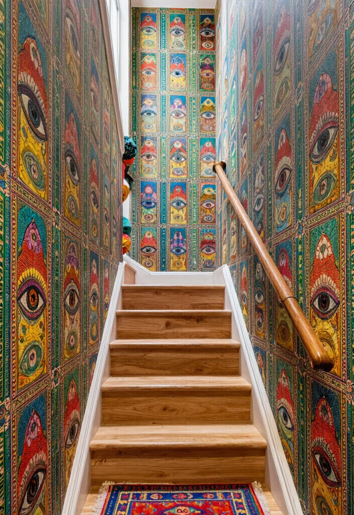 12 Stair Entryway Ideas That Make Use of Vertical Space 8. Colorful Wallpaper for a Bold Statement 0