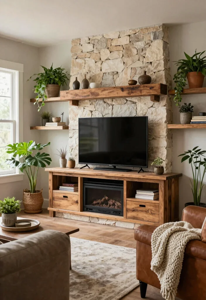 12 TV Stand Fireplace Ideas Living Rooms for Comfortable Layouts 1 12 TV Stand Fireplace Ideas Living Rooms for Comfortable Layouts 1. Rustic Elegance Wood and Stone Combination 0