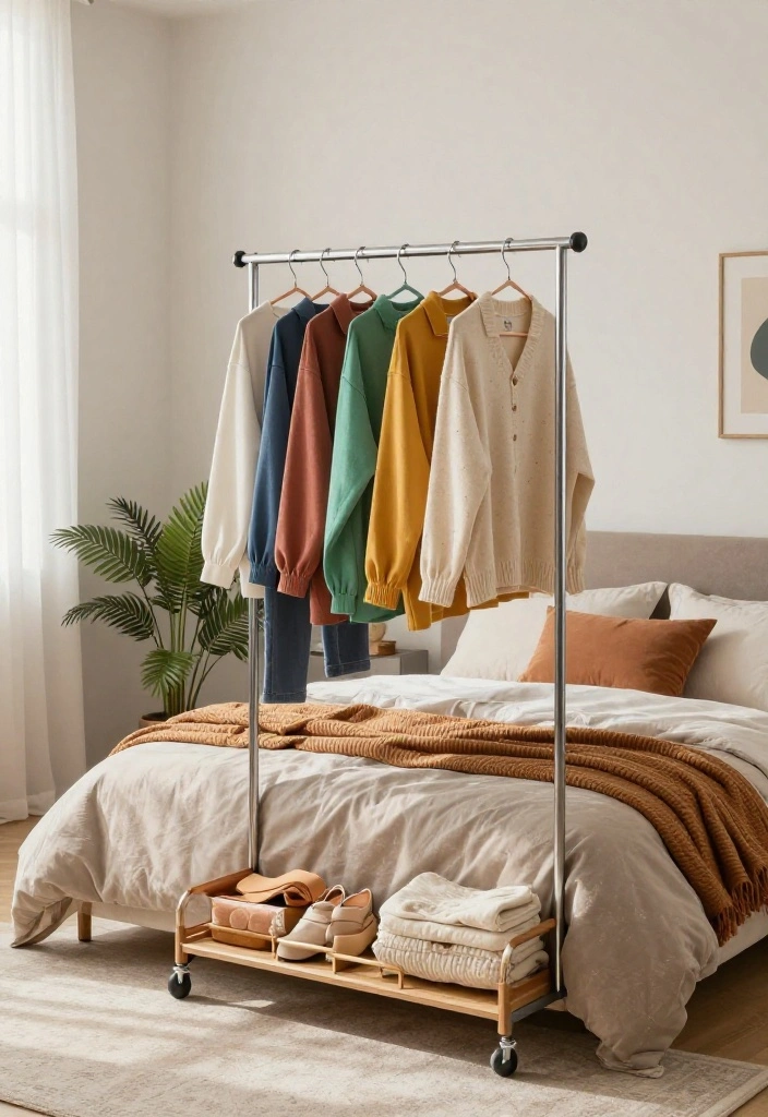 14 Bedroom With Closet Ideas for Balanced Layout Design 9. Vertical Clothing Racks 0