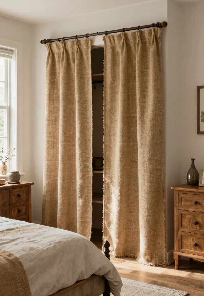 14 Curtains for Closet Doors Bedroom Ideas with Soft Stylish Privacy 38 14 Curtains for Closet Doors Bedroom Ideas with Soft Stylish Privacy 8. Rustic Burlap Curtains 0