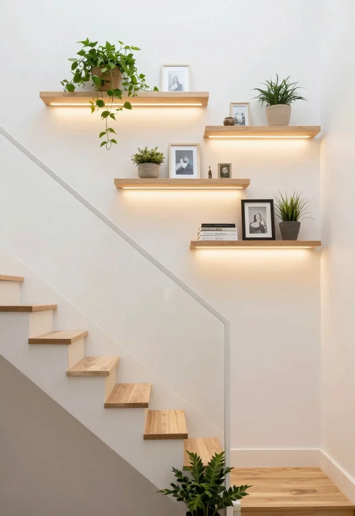 14 Entryway Ideas with Stairs That Use Vertical Space 1. Floating Shelves for Storage and Style 0