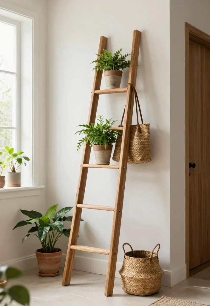 14 Entryway Ideas with Stairs That Use Vertical Space 5. Ladder Style Display 0