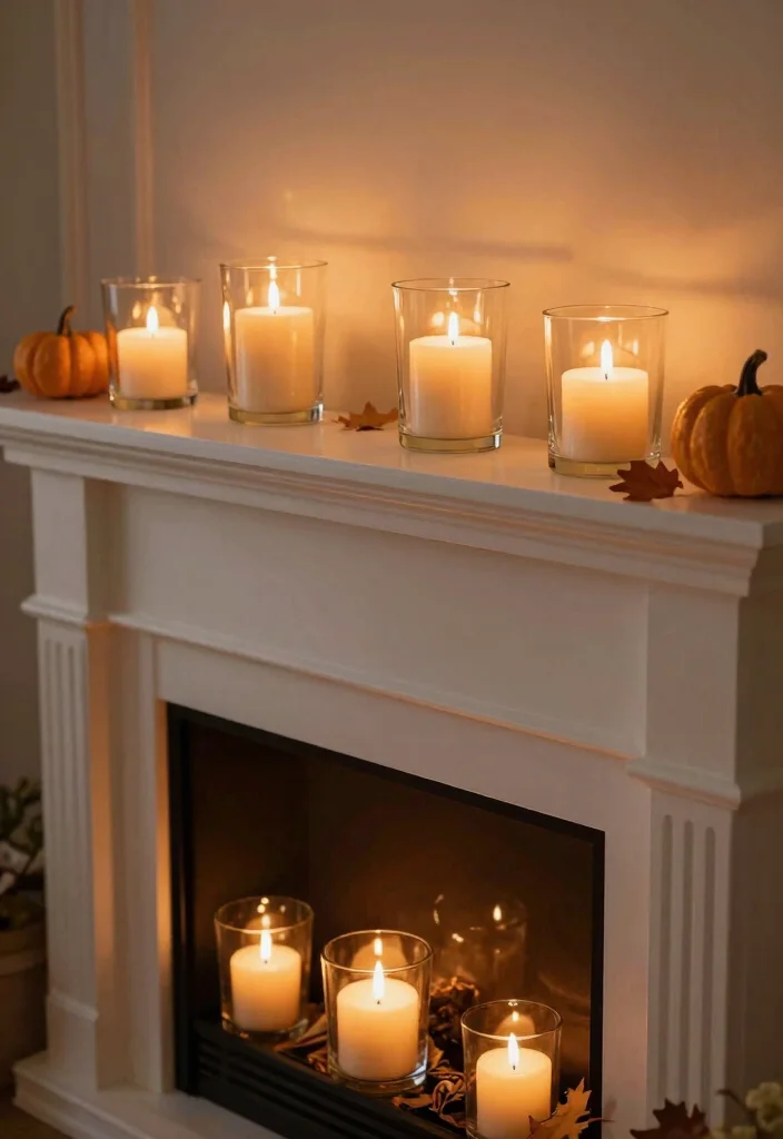 14 Fall Fireplace Mantel Decorating Ideas with Warm Tones 52 14 Fall Fireplace Mantel Decorating Ideas with Warm Tones 12. Candles in Glass Votives 0