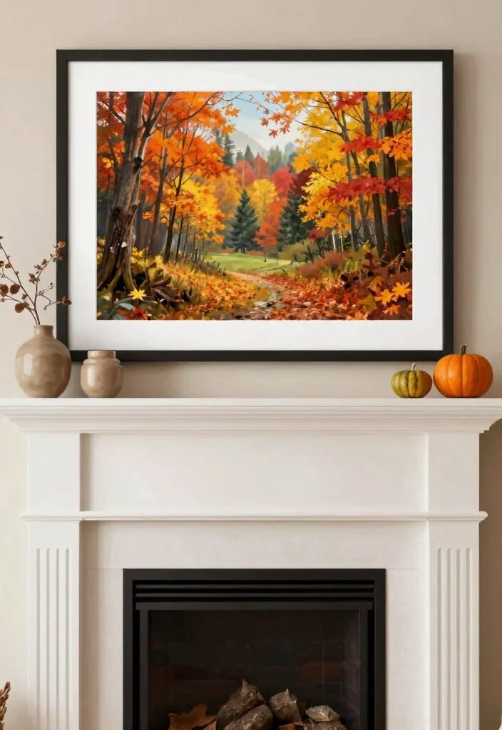 14 Fall Fireplace Mantel Decorating Ideas with Warm Tones 49 14 Fall Fireplace Mantel Decorating Ideas with Warm Tones 9. Seasonal Artwork 0