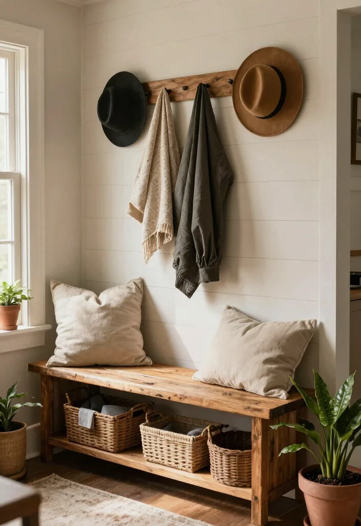 14 Farmhouse Mudroom Entryway Ideas with Rustic Function 1. Reclaimed Wood Bench with Storage 0