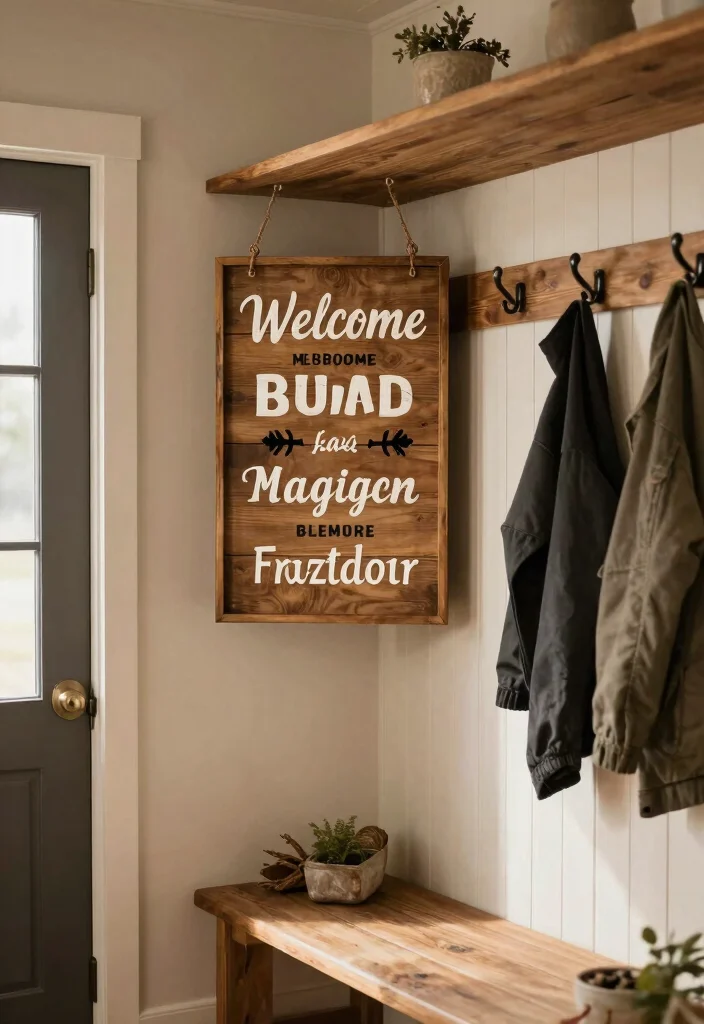 14 Farmhouse Mudroom Entryway Ideas with Rustic Function 14. Inviting Entryway Signage 0