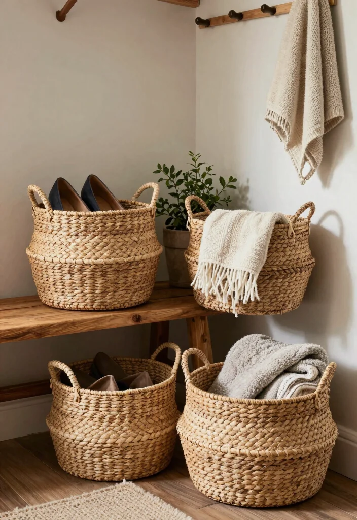 14 Farmhouse Mudroom Entryway Ideas with Rustic Function 4. Decorative Storage Baskets 0