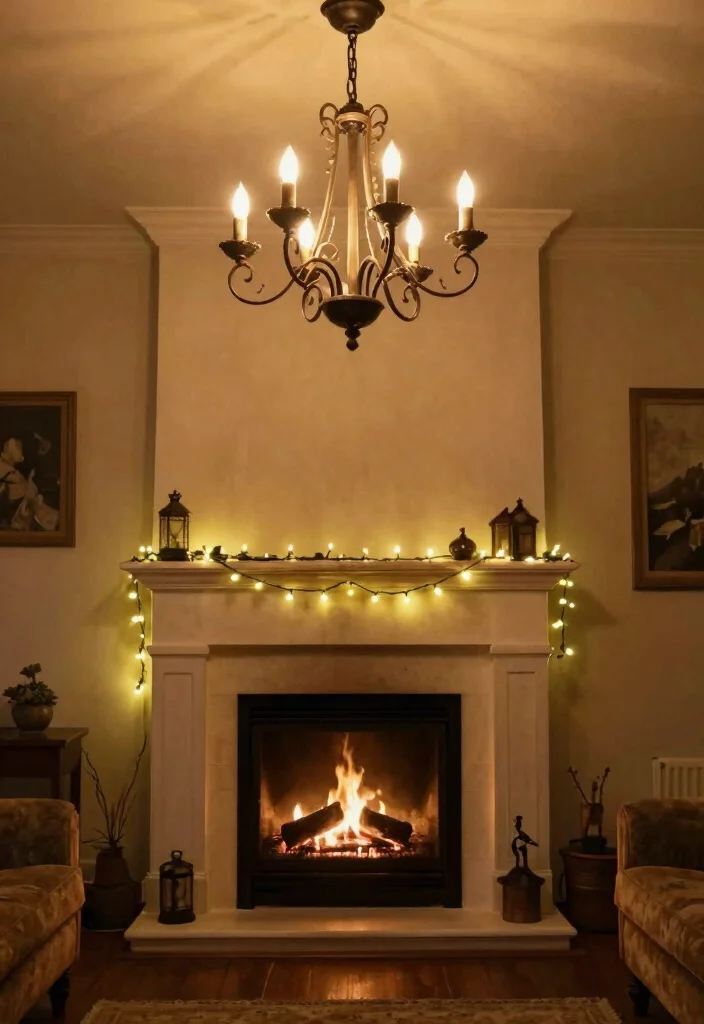 14 Fireplace Decor Ideas for Living Rooms That Feel Finished 6. Incorporate Rustic Lighting 0