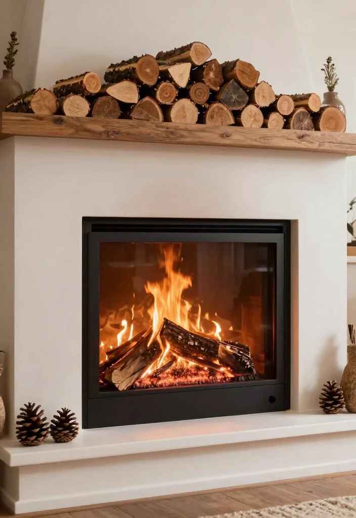 14 Fireplace Decor Ideas for Living Rooms That Feel Finished 9. Artistic Firewood Display 0