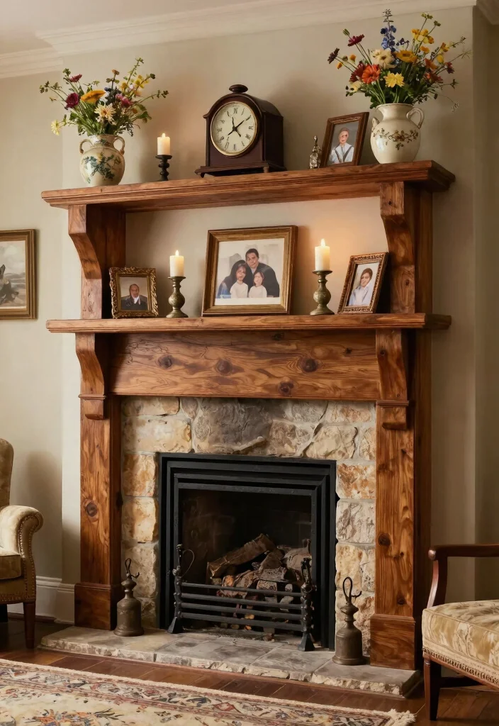 14 French Country Fireplace Ideas with Warm Rustic Details 1. Rustic Wooden Mantel 0