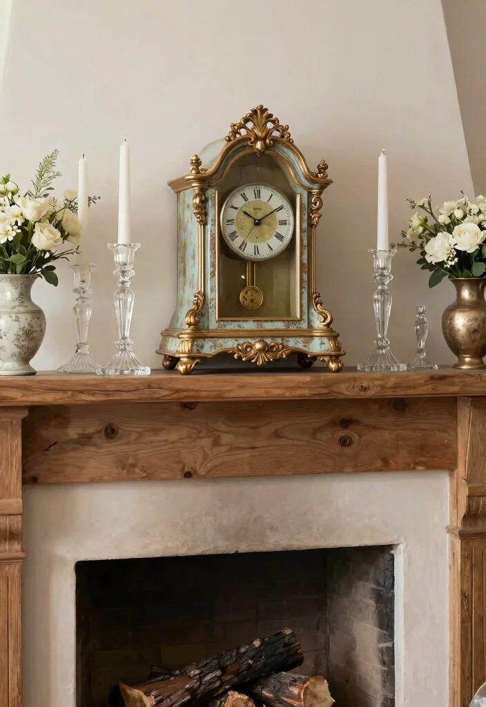 14 French Country Fireplace Ideas with Warm Rustic Details 3. Vintage Mantel Clock 0