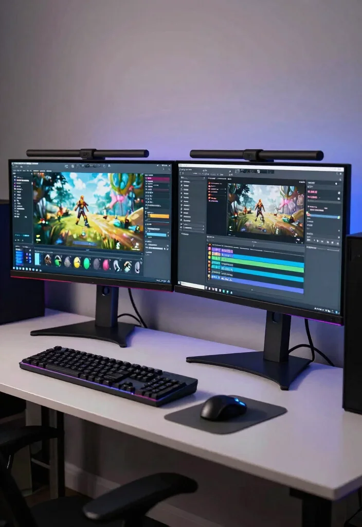 14 Gamer Office Ideas with Immersive Setup Vibes 4 14 Gamer Office Ideas with Immersive Setup Vibes 4. Dual Monitor Setup for Optimal Multitasking 0