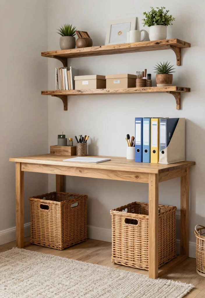 14 Home Office Decorating Ideas for a Finished Look 7. Organize with Natural Storage Solutions 0