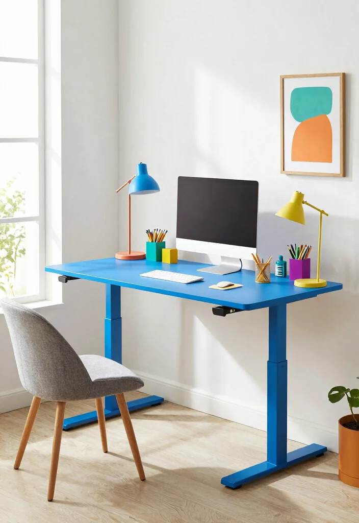 14 Home Office Standing Desk Ideas for Healthier Workdays 52 14 Home Office Standing Desk Ideas for Healthier Workdays 12. Colorful Standing Desk 0