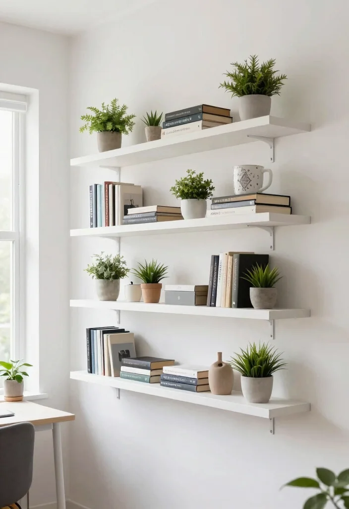 14 Minimalist Home Office Ideas with Clean Visual Calm 12 14 Minimalist Home Office Ideas with Clean Visual Calm 2. Functional Floating Shelves 0