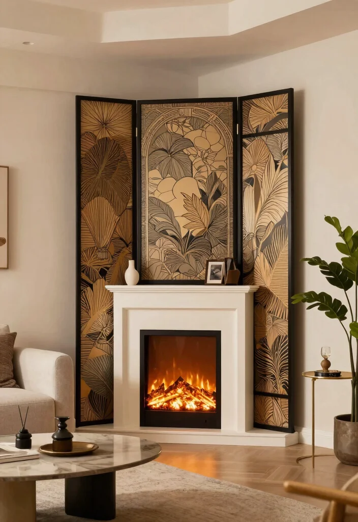 14 Modern Corner Fireplace Ideas for Clean Contemporary Homes 14. Decorative Fireplace Screens 0