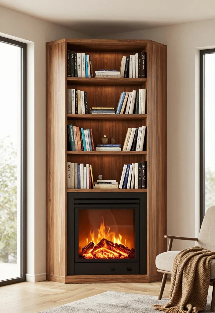 14 Modern Corner Fireplace Ideas for Clean Contemporary Homes 2. Integrated Bookshelf Fireplace 0
