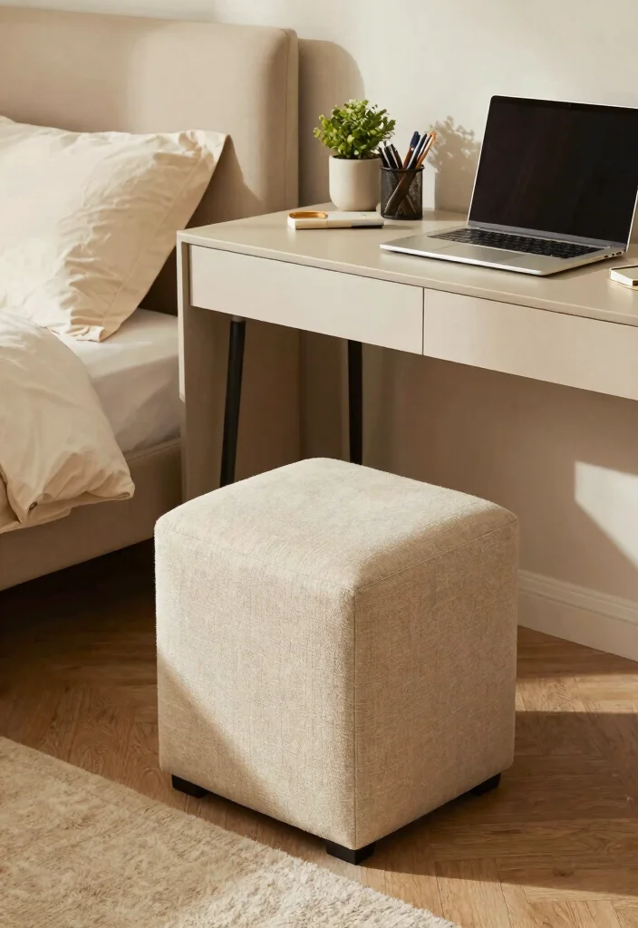 14 Office and Spare Bedroom Ideas for Dual Purpose Living 4. Desk with Storage Ottoman 0