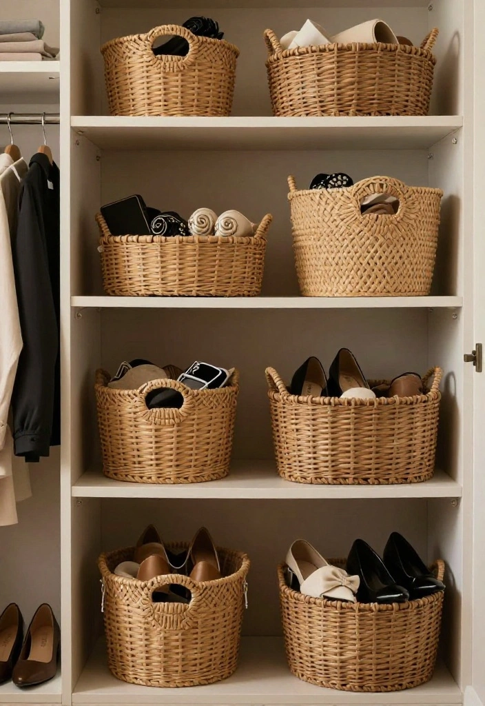14 Small Space Closet Ideas That Stay Tidy Without Feeling Cramped 23 14 Small Space Closet Ideas That Stay Tidy Without Feeling Cramped 3. Incorporate Baskets for Small Items 0