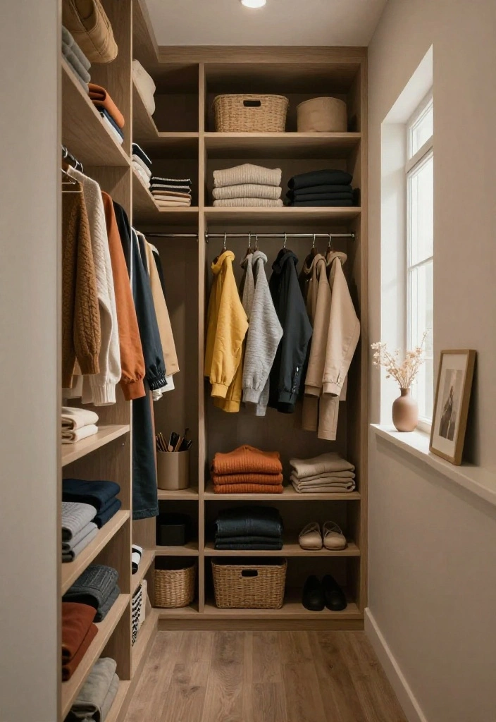 14 Small Walk In Closet Layout Ideas for Narrow Spaces 1. Vertical Shelving for Optimal Storage 0