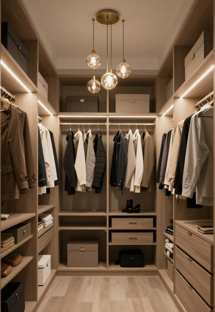 14 Small Walk In Closet Layout Ideas for Narrow Spaces 11. Incorporate Lighting Solutions 0