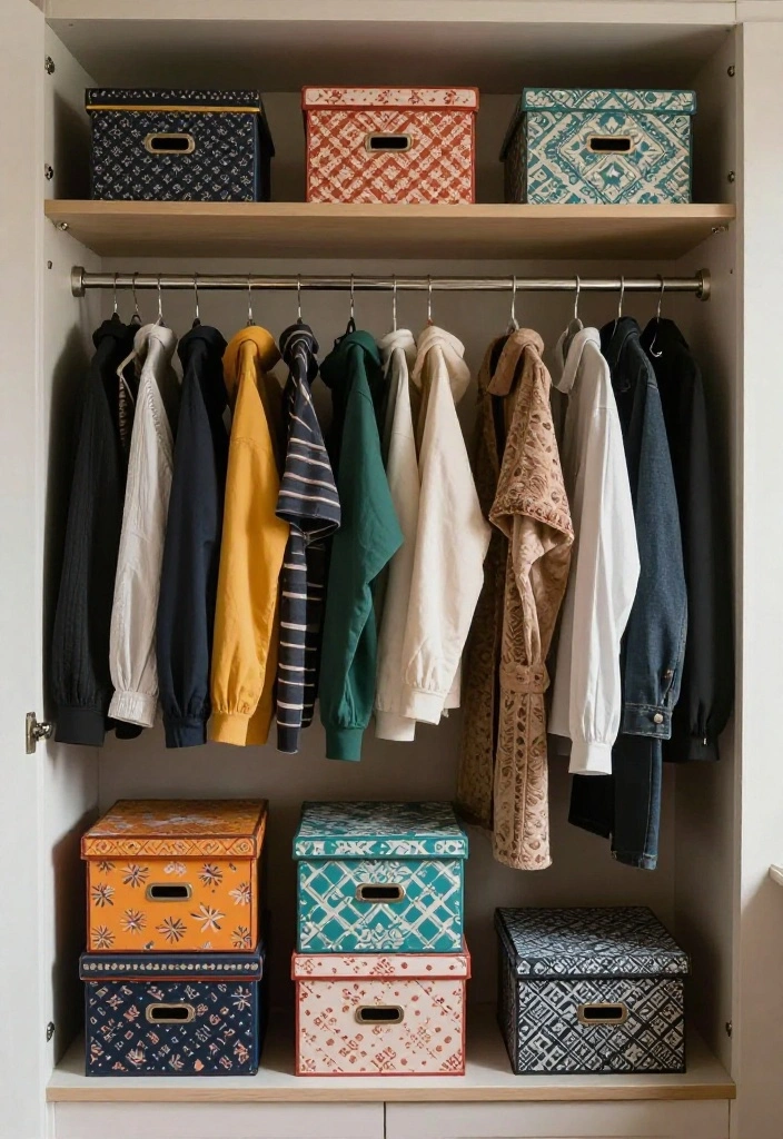 14 Small Walk In Closet Layout Ideas for Narrow Spaces 12. Use Decorative Storage Boxes 0